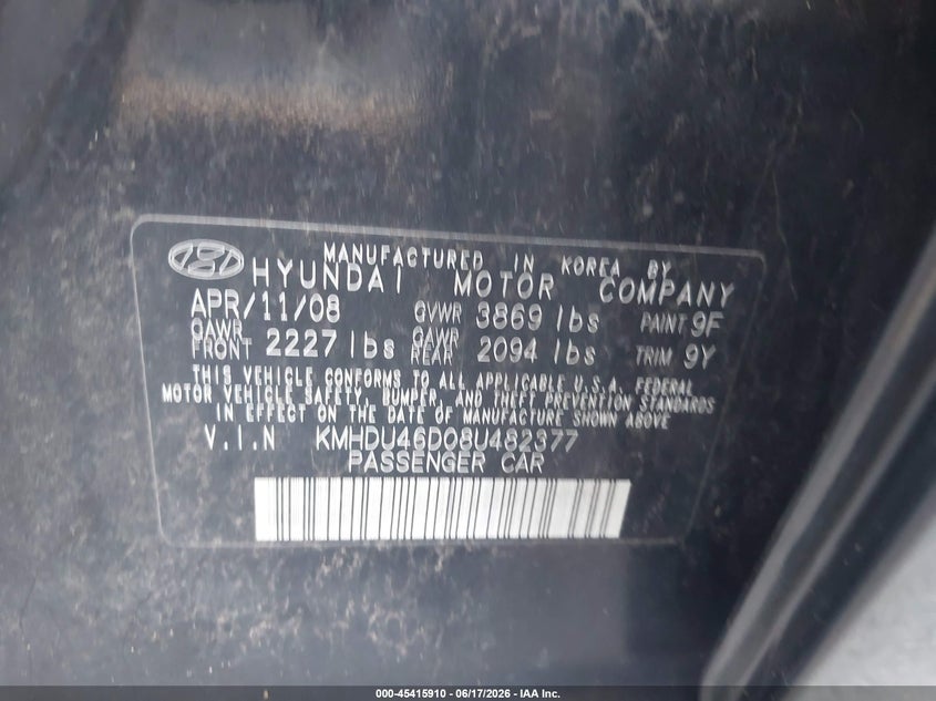 2008 Hyundai Elantra VIN KMHDU46D08U482377 IAAI salvage auction — NORMAL WEAR, Clear - Public Restricted (Oklahoma), sold $225 on 2026-07-14 (photo 9)