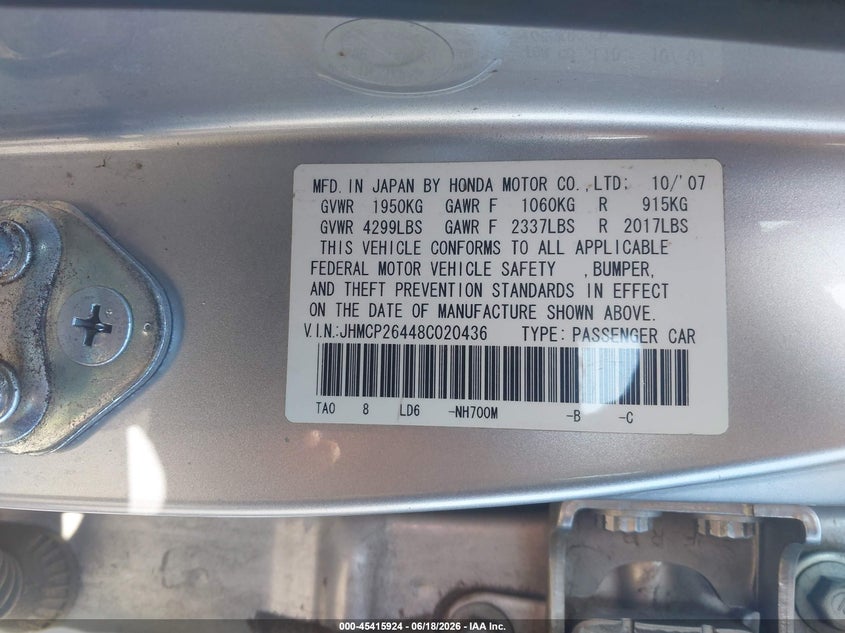 2008 Honda Accord VIN JHMCP26448C020436 IAAI salvage auction — FRONT END, Salvage (California), sold $1,550 on 2026-07-13 (photo 9)