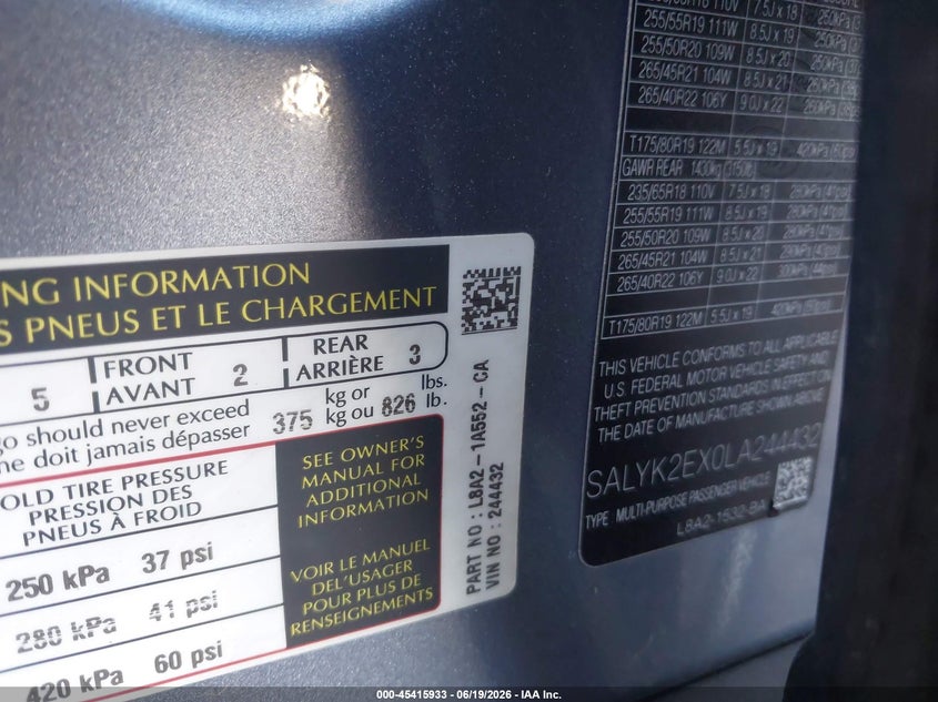2020 Land rover Range rover velar VIN SALYK2EX0LA244432 IAAI salvage auction — UNKNOWN, Salvage Title, sold $25 on 2026-07-31 (photo 9)