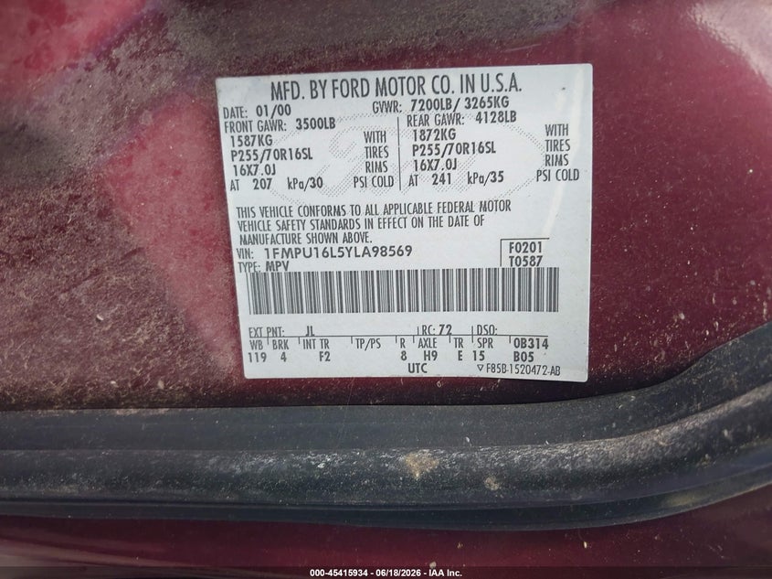 2000 Ford Expedition VIN 1FMPU16L5YLA98569 IAAI salvage auction — NORMAL WEAR, Original (Texas), sold $225 on 2026-07-09 (photo 9)