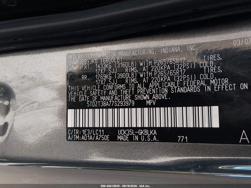 2007 Toyota Sequoia VIN 5TDZT38A77S293979 IAAI salvage auction — FRONT END, Salvage (California), sold $1,175 on 2026-07-20 (photo 9)