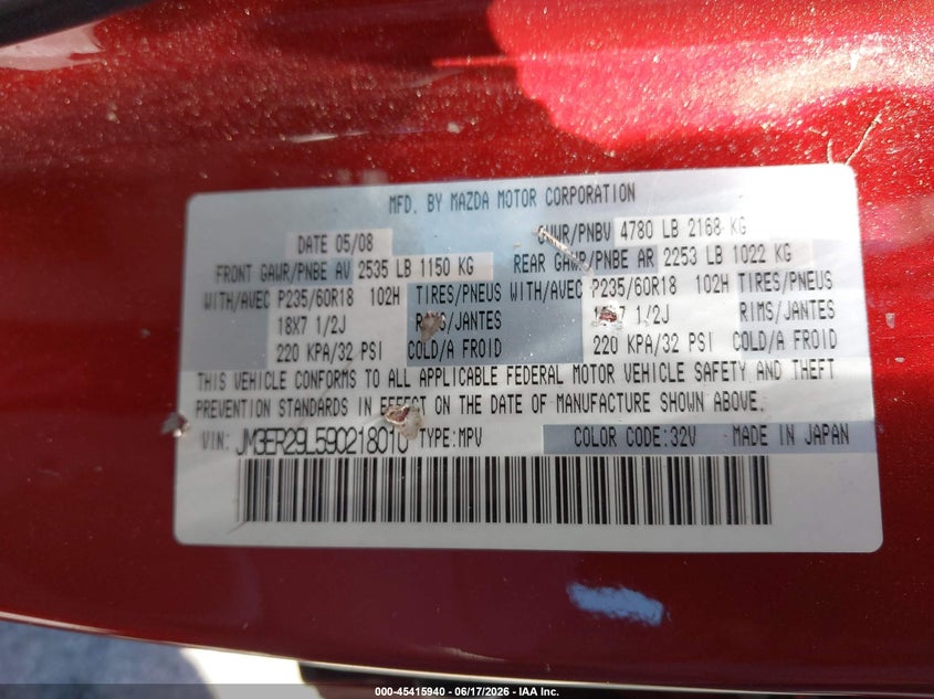 2009 Mazda Cx-7 VIN JM3ER29L590218010 IAAI salvage auction — LEFT SIDE, Salvage (California), sold $200 on 2026-07-23 (photo 9)
