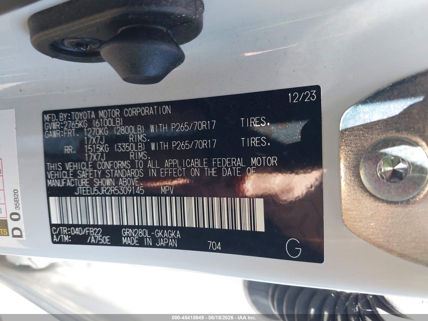 2024 Toyota 4runner VIN JTEEU5JR2R5309145 IAAI salvage auction — REAR END, Salvage Title, sold $8,100 on 2026-07-24 (photo 9)