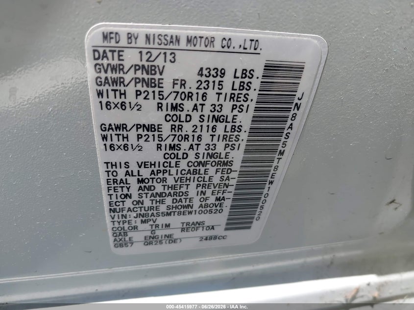 2014 Nissan Rogue VIN JN8AS5MT8EW100520 IAAI salvage auction — FRONT END, Salvage (California), sold $625 on 2026-07-22 (photo 9)