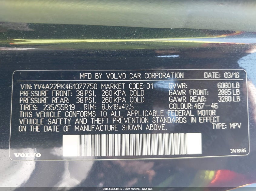 2016 Volvo Xc90 VIN YV4A22PK4G1077750 IAAI salvage auction — NORMAL WEAR, Certificate Of Title (Nebraska), sold $2,625 on 2026-07-30 (photo 9)