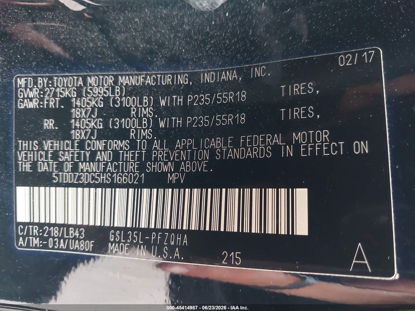 2017 Toyota Sienna VIN 5TDDZ3DC5HS166021 IAAI salvage auction — SIDE, Salvage Title, sold $8,800 on 2026-07-26 (photo 9)