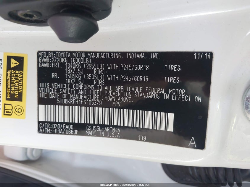 2015 Toyota Highlander VIN 5TDBKRFH1FS105379 IAAI salvage auction — RIGHT FRONT, Salvage (Arizona), sold $6,550 on 2026-07-24 (photo 9)