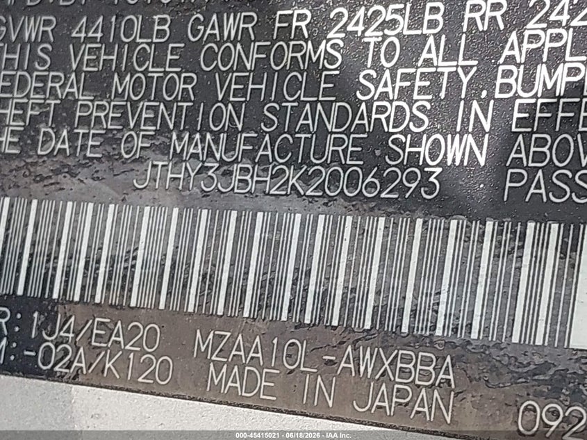 2019 Lexus Ux VIN JTHY3JBH2K2006293 IAAI salvage auction — FRONT & REAR, Wait Title, sold $7,600 on 2026-08-24 (photo 9)