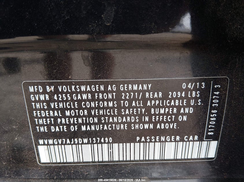 2013 Volkswagen Gti VIN WVWGV7AJ9DW137490 IAAI salvage auction — FRONT END, Clear (Tennessee), sold $1,800 on 2026-08-12 (photo 9)