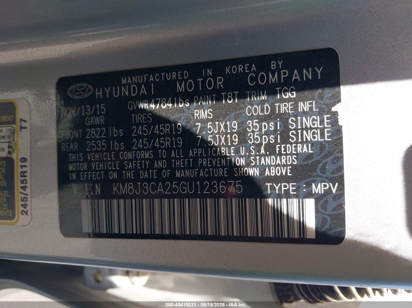 2016 Hyundai Tucson VIN KM8J3CA25GU123675 IAAI salvage auction — RIGHT FRONT, Salvage Title, sold $2,550 on 2026-07-17 (photo 9)