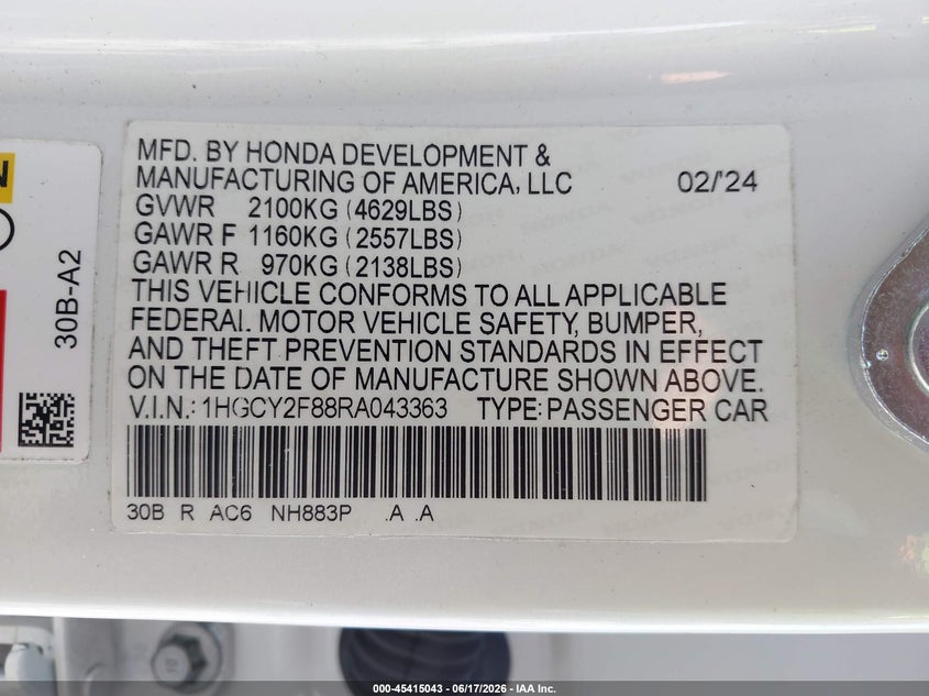2024 Honda Accord VIN 1HGCY2F88RA043363 IAAI salvage auction — FRONT END, Salvage Title, sold $8,900 on 2026-07-31 (photo 9)