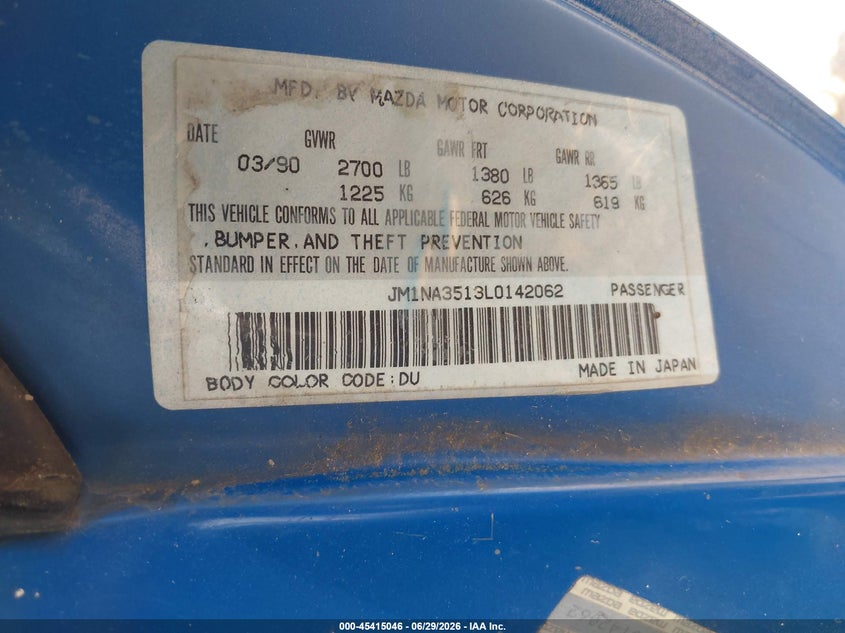 1990 Mazda Mx-5 miata VIN JM1NA3513L0142062 IAAI salvage auction — NORMAL WEAR, Original (Texas), sold $350 on 2026-07-29 (photo 9)