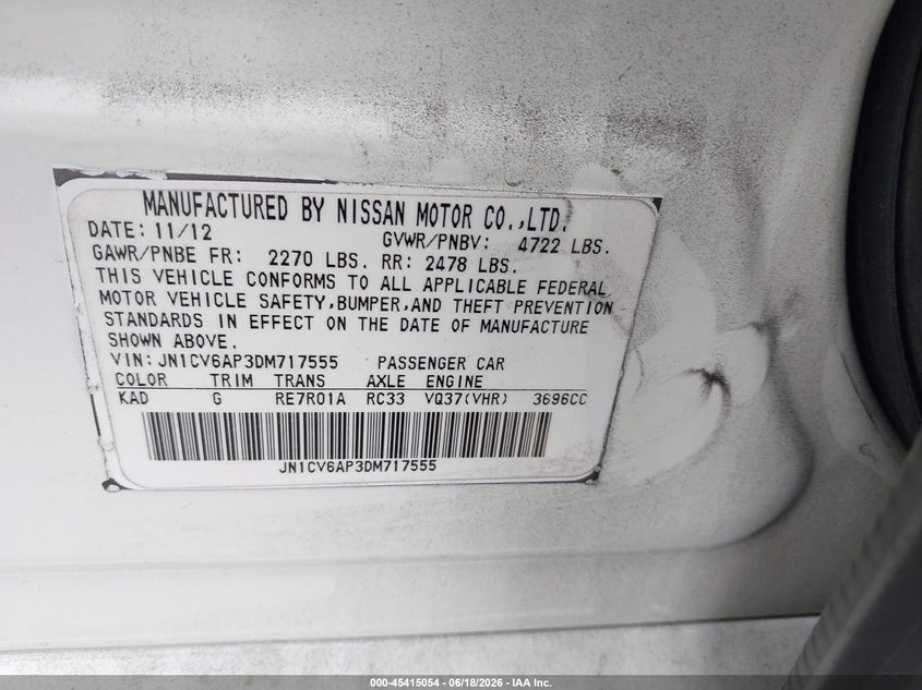 2013 Infiniti G VIN JN1CV6AP3DM717555 IAAI salvage auction — FRONT END, Salvage Title, sold $1,600 on 2026-07-30 (photo 9)