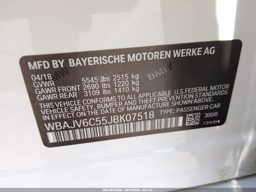 2018 BMW 6er VIN WBAJV6C55JBK07518 IAAI salvage auction — REAR END, Salvage (Nevada), sold $9,100 on 2026-07-17 (photo 9)