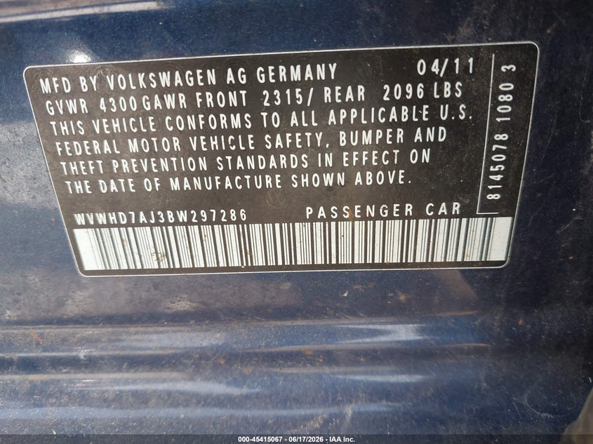 2011 Volkswagen Gti VIN WVWHD7AJ3BW297286 IAAI salvage auction — NORMAL WEAR, Original (Ohio), sold $300 on 2026-07-09 (photo 9)