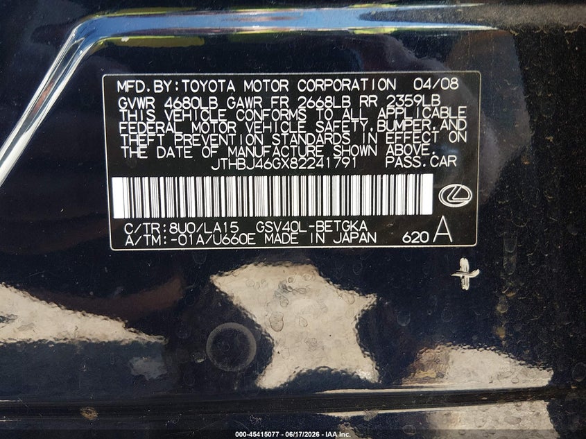 2008 Lexus Es 350 VIN JTHBJ46GX82241791 IAAI salvage auction — LEFT FRONT, Bill Of Sale (Washington), sold $825 on 2026-07-22 (photo 9)