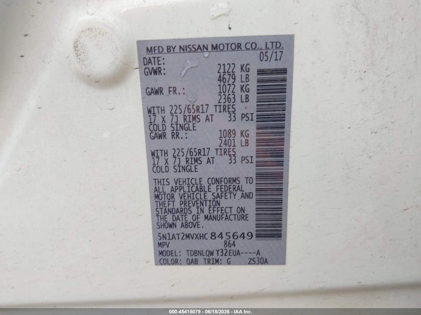 2017 Nissan Rogue VIN 5N1AT2MVXHC845649 IAAI salvage auction — FRONT END, Salvage (Missouri), sold $1,600 on 2026-07-19 (photo 9)