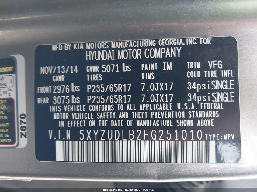 2015 Hyundai Santa fe VIN 5XYZUDLB2FG251010 IAAI salvage auction — NORMAL WEAR, Original (Ohio), sold $1,275 on 2026-07-22 (photo 9)