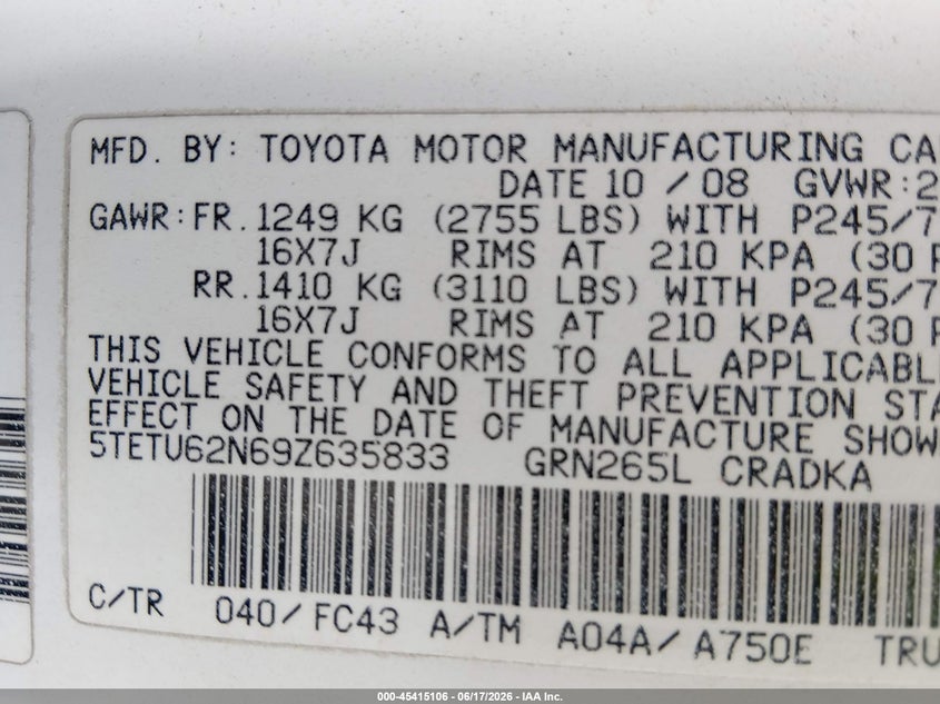 2009 Toyota Tacoma VIN 5TETU62N69Z635833 IAAI salvage auction — FRONT END, Rebuildable (Florida), sold $4,800 on 2026-07-28 (photo 9)