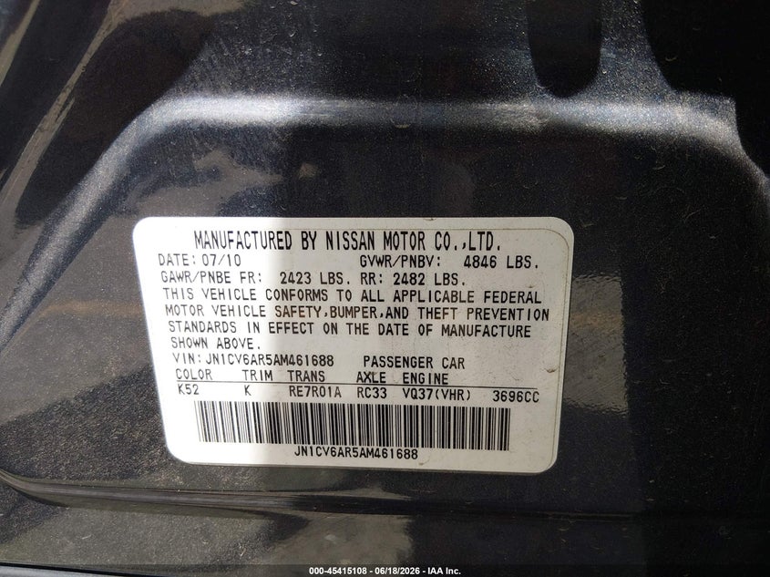 2010 Infiniti G37 VIN JN1CV6AR5AM461688 IAAI salvage auction — HAIL, Clear (Colorado), sold $1,000 on 2026-07-28 (photo 9)
