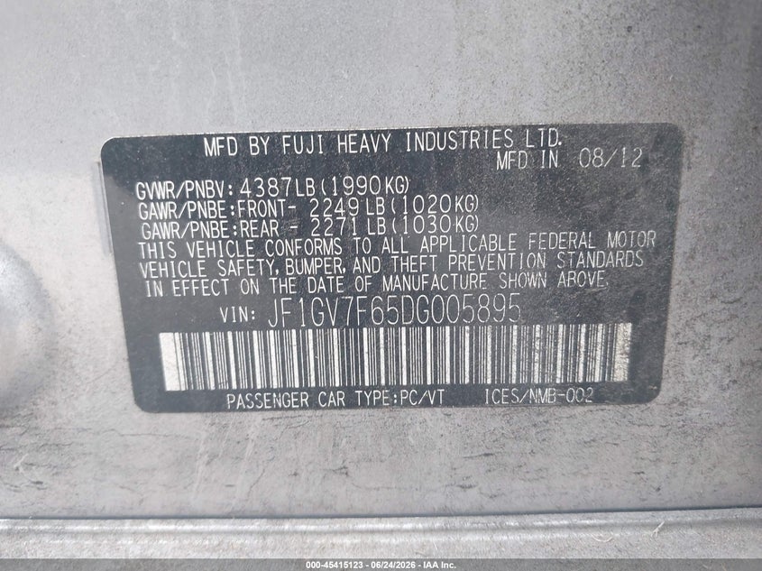 2013 Subaru Impreza VIN JF1GV7F65DG005895 IAAI salvage auction — NORMAL WEAR, Clear (Tennessee), sold $1,550 on 2026-07-29 (photo 9)