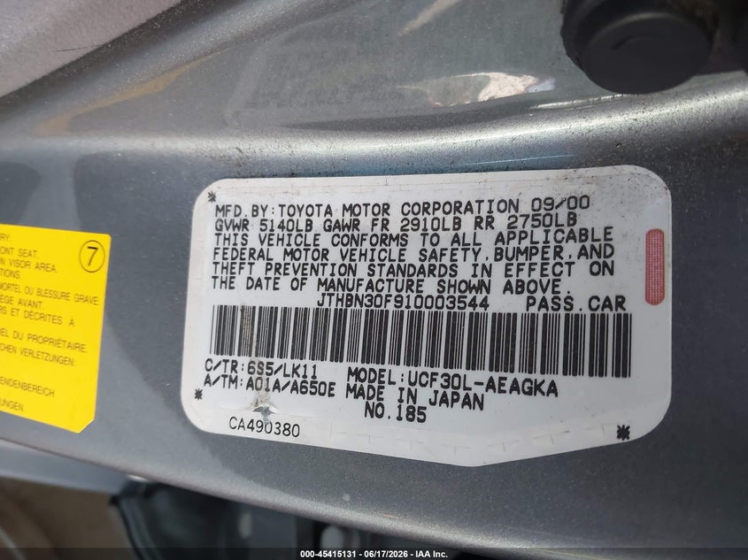 2001 Lexus Ls 430 VIN JTHBN30F910003544 IAAI salvage auction — RIGHT FRONT, Salvage (California), sold $925 on 2026-07-09 (photo 9)