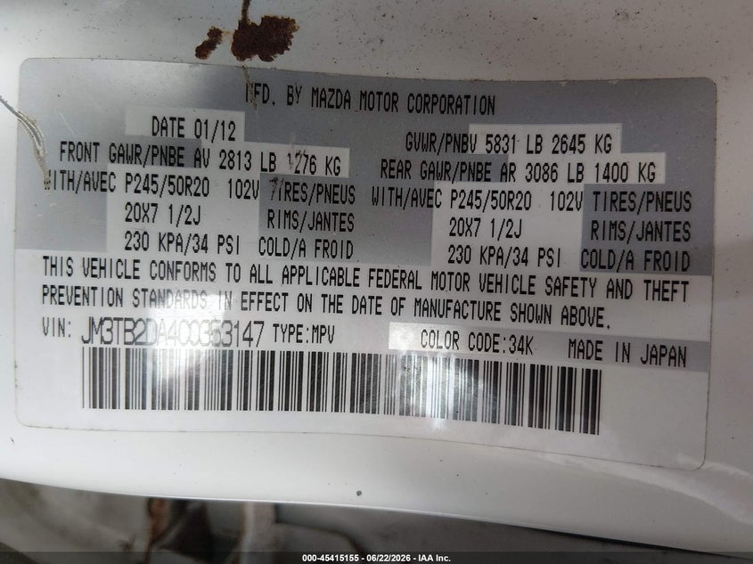 2012 Mazda Cx-9 VIN JM3TB2DA4C0353147 IAAI salvage auction — NORMAL WEAR, Clear (New Jersey), sold $550 on 2026-07-21 (photo 9)
