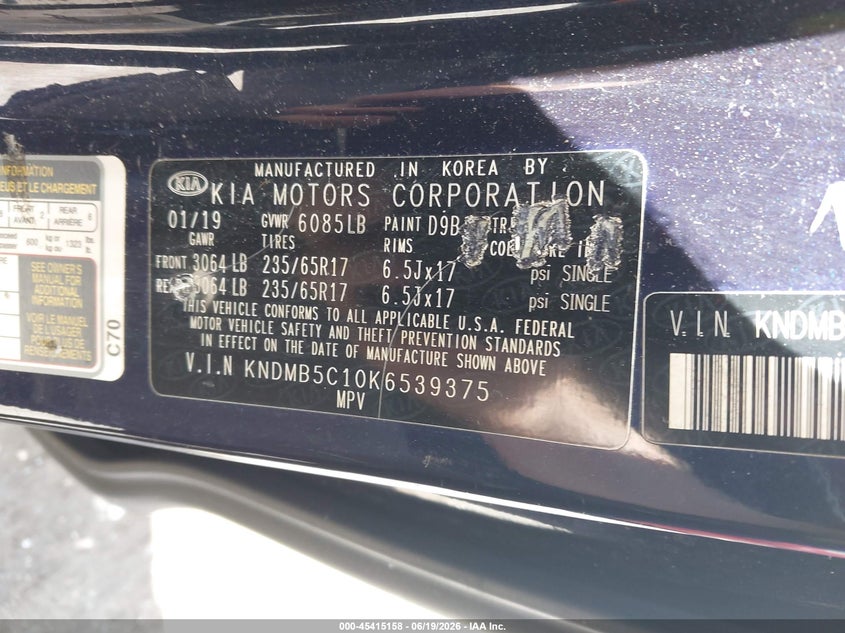 2019 Kia SEDONA VIN KNDMB5C10K6539375 IAAI salvage auction — NORMAL WEAR, Clear (Florida), sold $2,800 on 2026-07-09 (photo 9)
