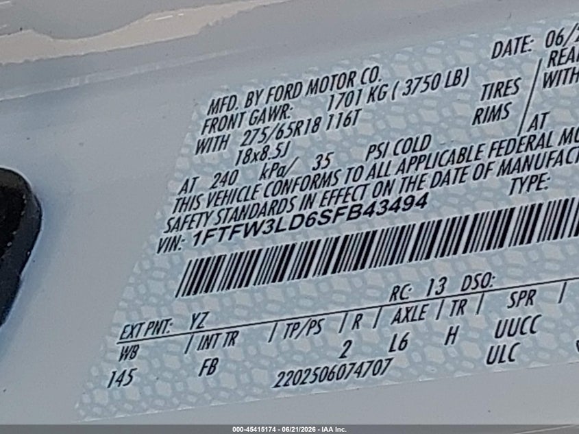 2025 Ford F-150 VIN 1FTFW3LD6SFB43494 IAAI salvage auction — FRONT & REAR, Salvage Title, sold $17,800 on 2026-08-01 (photo 9)