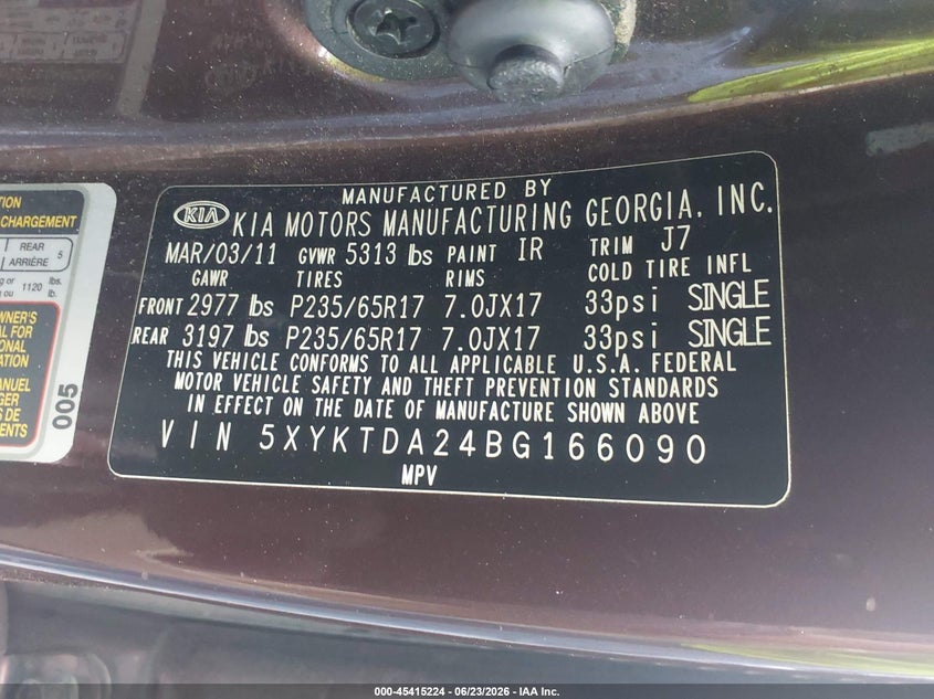 2011 Kia Sorento VIN 5XYKTDA24BG166090 IAAI salvage auction — NORMAL WEAR, Clear (New Jersey), sold $775 on 2026-07-29 (photo 9)