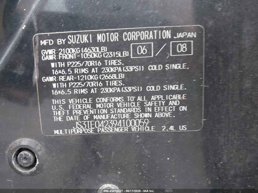 2009 Suzuki Grand vitara VIN JS3TE042394100059 IAAI salvage auction — NORMAL WEAR, Clear (Georgia), sold $725 on 2026-07-21 (photo 9)