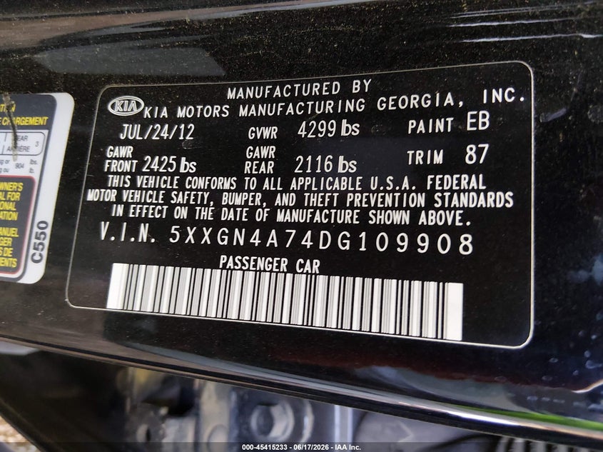 2013 Kia Optima VIN 5XXGN4A74DG109908 IAAI salvage auction — NORMAL WEAR, Clear-Dealer Only (Arizona), sold $975 on 2026-07-28 (photo 9)