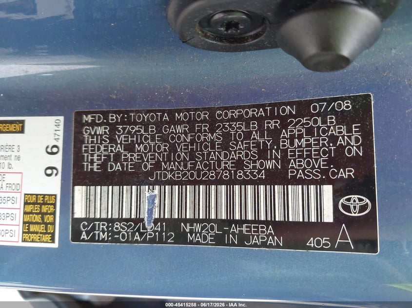 2008 Toyota Prius VIN JTDKB20U287818334 IAAI salvage auction — NORMAL WEAR, Clear (Alabama), sold $425 on 2026-07-29 (photo 9)