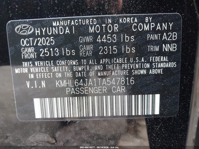 2026 Hyundai Sonata VIN KMHL64JA1TA547816 IAAI salvage auction — RIGHT SIDE, Wait Title, sold $9,600 on 2026-08-28 (photo 9)
