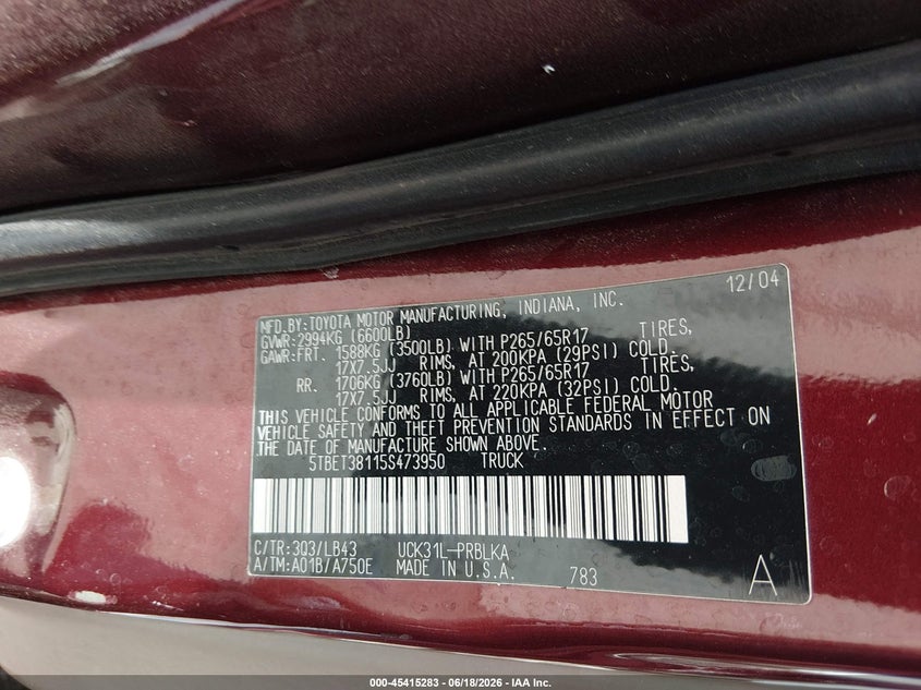 2005 Toyota Tundra VIN 5TBET38115S473950 IAAI salvage auction — FRONT END, Salvage (New Mexico), sold $2,450 on 2026-07-29 (photo 9)