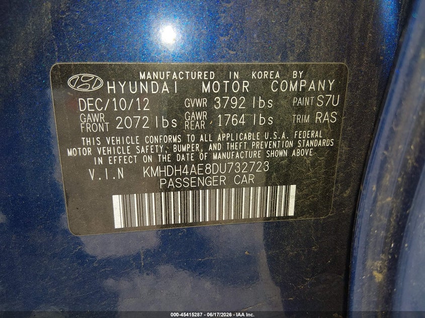 2013 Hyundai Elantra VIN KMHDH4AE8DU732723 IAAI salvage auction — NORMAL WEAR, Clear - Dealer Only (California), sold $700 on 2026-07-29 (photo 9)
