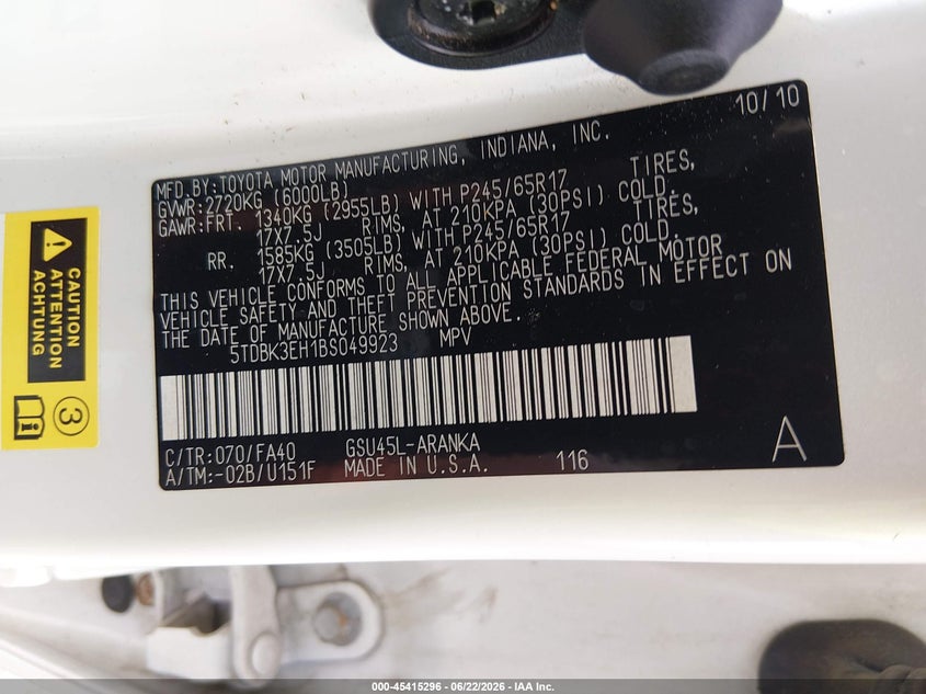 2011 Toyota Highlander VIN 5TDBK3EH1BS049923 IAAI salvage auction — REAR END, Salvage (Louisiana), sold $3,825 on 2026-07-29 (photo 9)