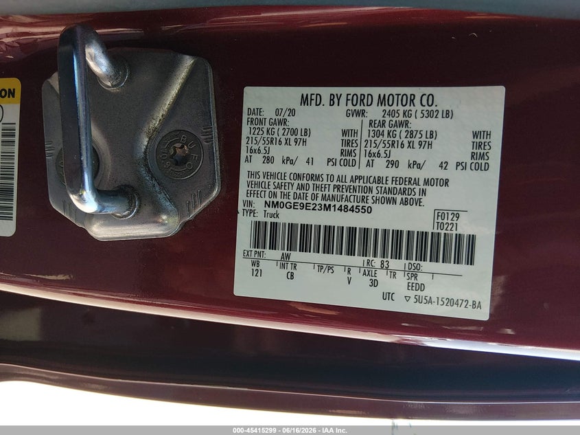 2021 Ford Transit connect VIN NM0GE9E23M1484550 IAAI salvage auction — NORMAL WEAR, Sf97 (California), sold $8,600 on 2026-07-30 (photo 9)