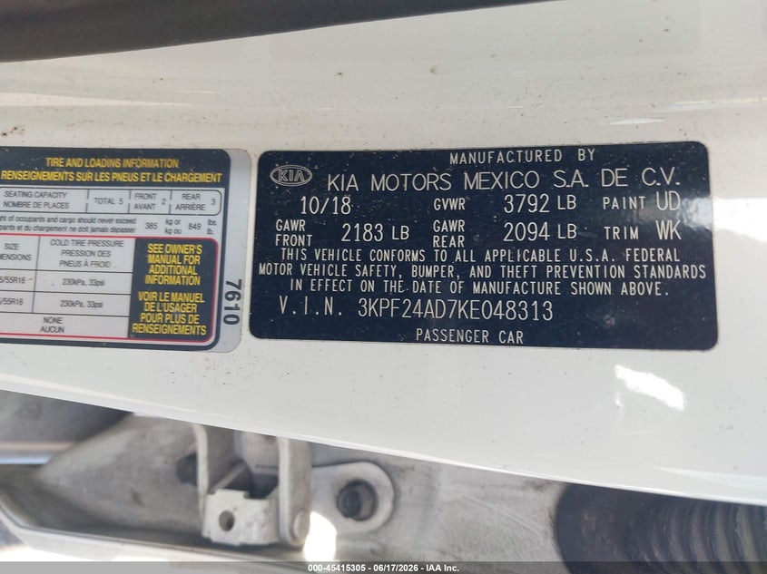 2019 Kia Forte VIN 3KPF24AD7KE048313 IAAI salvage auction — LEFT FRONT, Salvage (Texas), sold $1,500 on 2026-07-19 (photo 9)