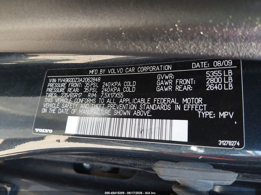 2010 Volvo Xc60 VIN YV4960DZ3A2062848 IAAI salvage auction — UNKNOWN, Bill Of Sale (New York), sold $500 on 2026-07-14 (photo 9)