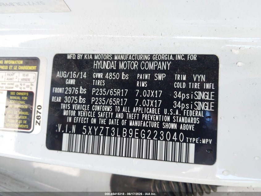 2014 Hyundai VIN 5XYZT3LB9EG223040 IAAI salvage auction — FRONT END, Salvage (California), sold $1,050 on 2026-07-08 (photo 9)