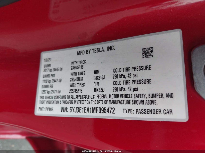 2021 Tesla Model 3 VIN 5YJ3E1EA1MF095472 IAAI salvage auction — FRONT & REAR, Salvage Title, sold $4,100 on 2026-07-17 (photo 9)
