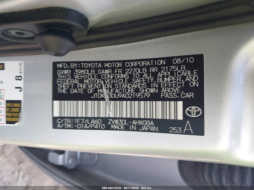 2010 Toyota Prius VIN JTDKN3DU9A0219579 IAAI salvage auction — NORMAL WEAR, Clear-Dealer Only (Arizona), sold $1,225 on 2026-07-28 (photo 9)