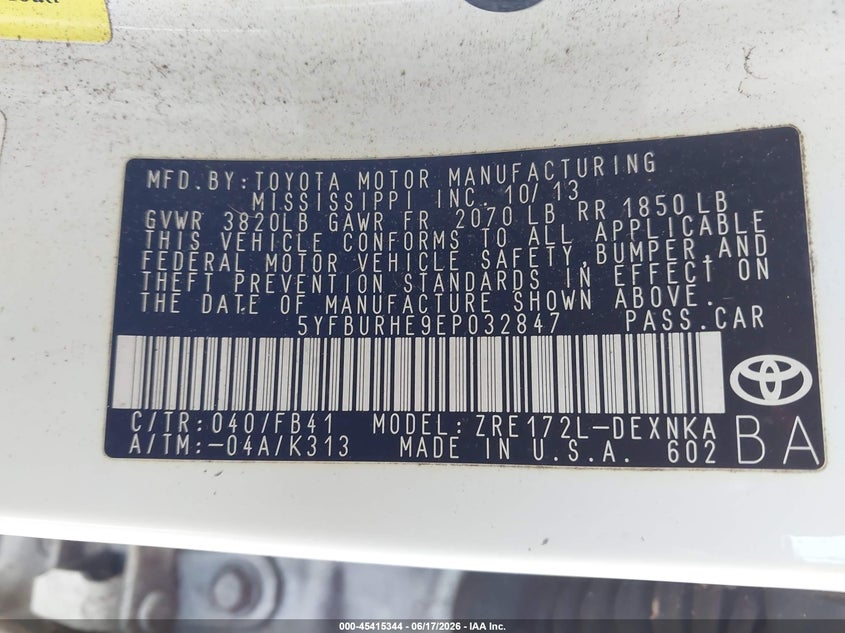 2014 Toyota Corolla VIN 5YFBURHE9EP032847 IAAI salvage auction — NORMAL WEAR, Clear (Florida), sold $1,750 on 2026-07-28 (photo 9)