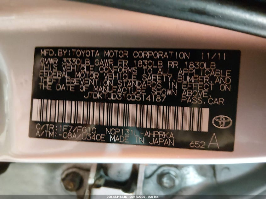 2012 Toyota Yaris VIN JTDKTUD31CD514187 IAAI salvage auction — FRONT END, Salvage (Vermont), sold $550 on 2026-07-17 (photo 9)
