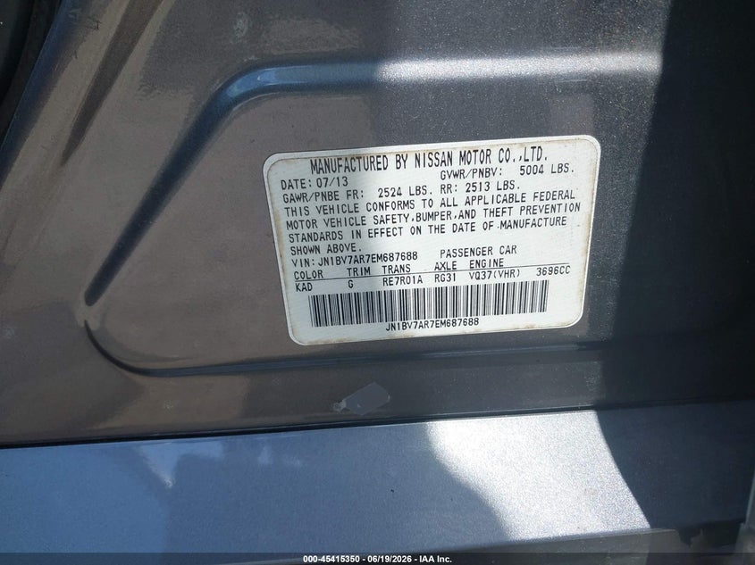 2014 Infiniti Q50 VIN JN1BV7AR7EM687688 IAAI salvage auction — REAR END, Rebuildable (Florida), sold $1,550 on 2026-07-20 (photo 9)