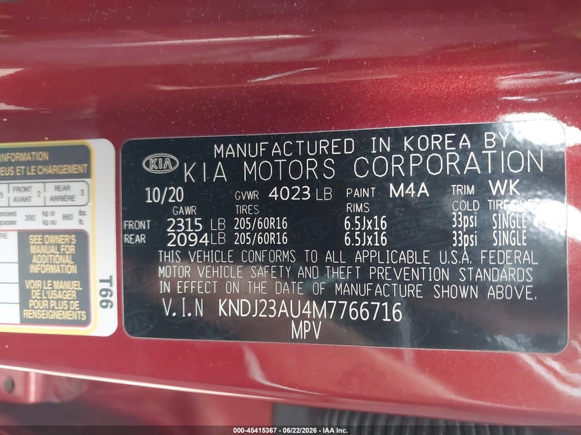 2021 Kia Soul VIN KNDJ23AU4M7766716 IAAI salvage auction — FRONT END, Salvage Title, sold $1,400 on 2026-07-28 (photo 9)