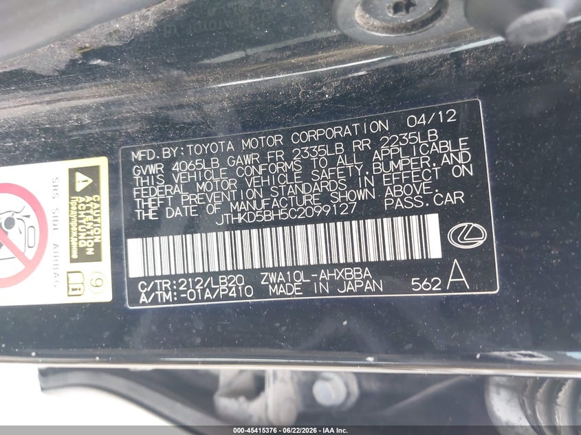 2012 Lexus Ct VIN JTHKD5BH5C2099127 IAAI salvage auction — LEFT SIDE, Salvage Title, sold $2,000 on 2026-07-29 (photo 9)
