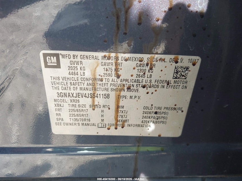 2018 Chevrolet Equinox VIN 3GNAXJEV4JS541158 IAAI salvage auction — FRONT END, Clear (Indiana), sold $775 on 2026-08-22 (photo 9)