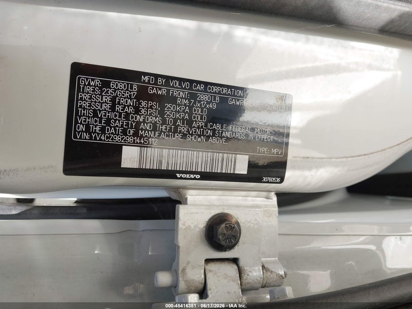 2008 Volvo Xc90 VIN YV4CZ982981445112 IAAI salvage auction — NORMAL WEAR, Clear - Dealer Only (California), sold $400 on 2026-07-09 (photo 9)